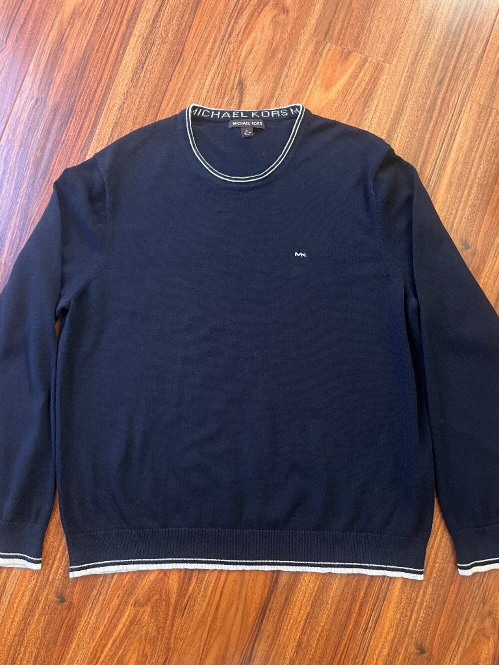 Michael Kors 100% Cotton Navy Crewneck Sweater Striped Trim XL